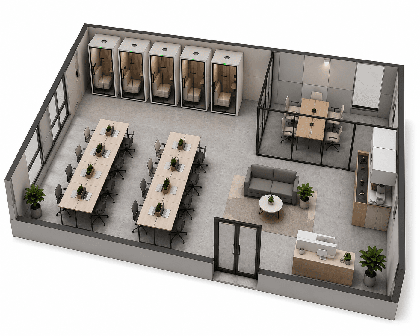 Planta de escritório com pods sit-down